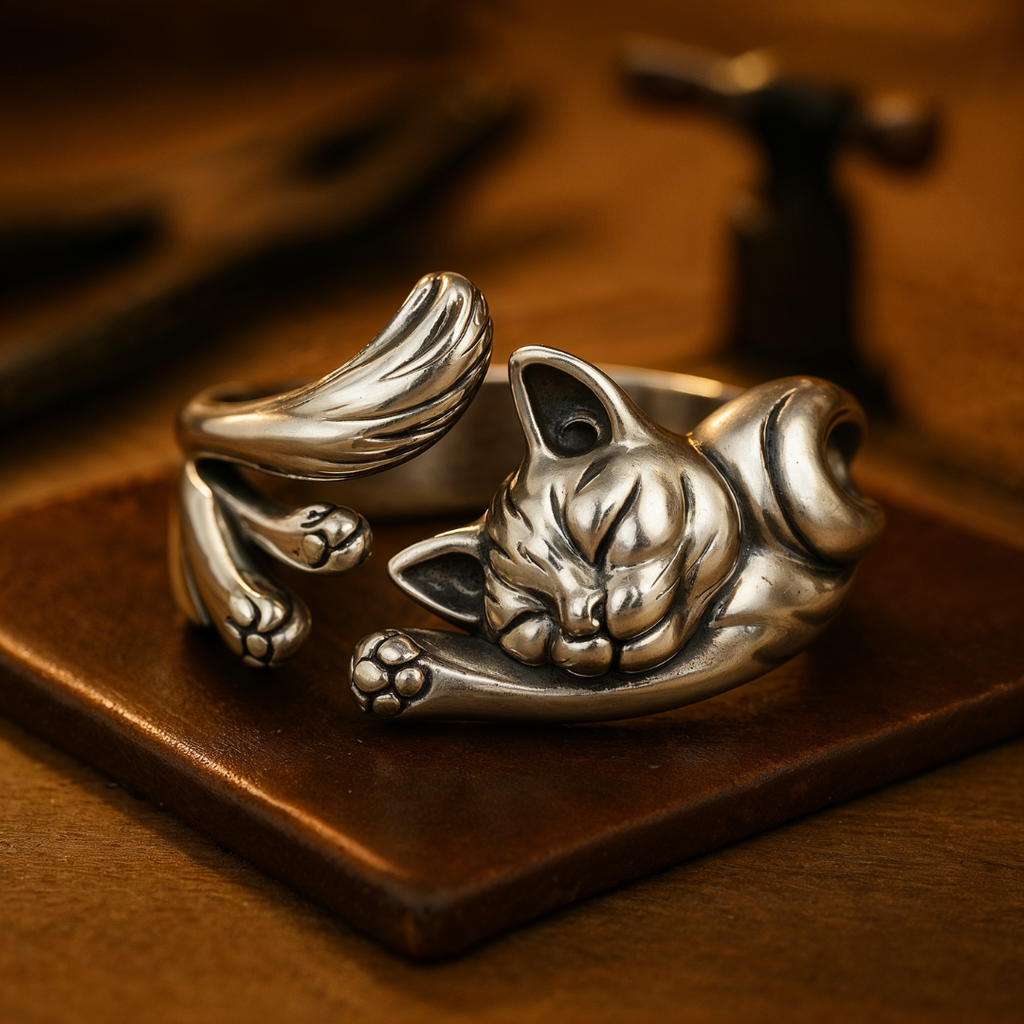 ANILLO VINTAGE DE PLATA CON DISEÑO DE GATO