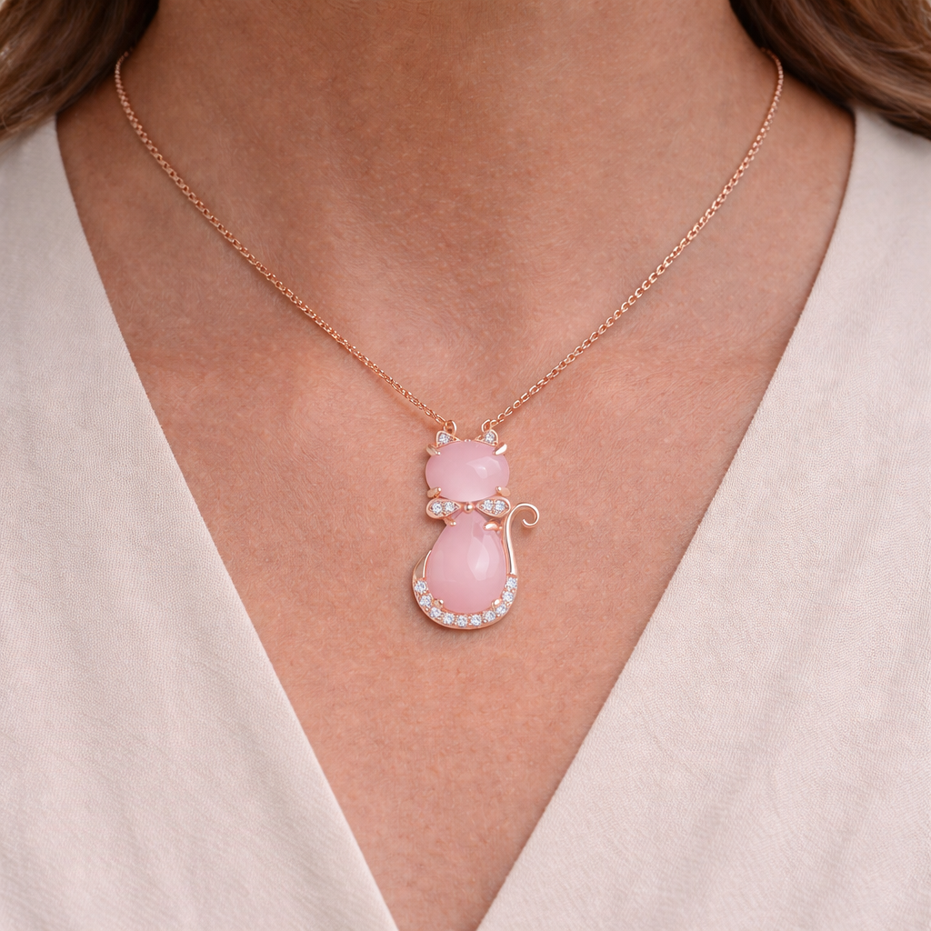 COLLAR ADORABLE DE GATO CON PIEDRAS ROSAS