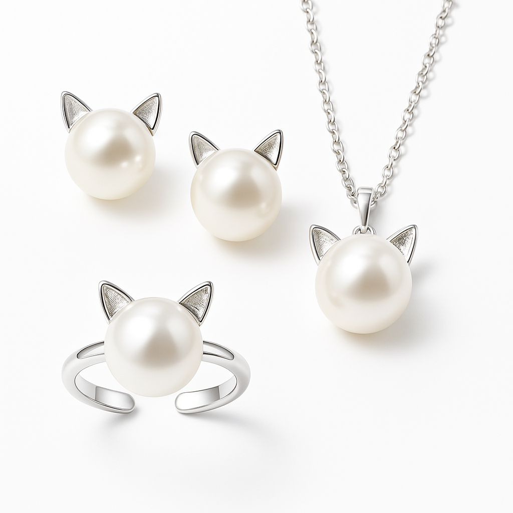 SET GATO: COLLAR, ANILLO Y PERLA CON PENDIENTES