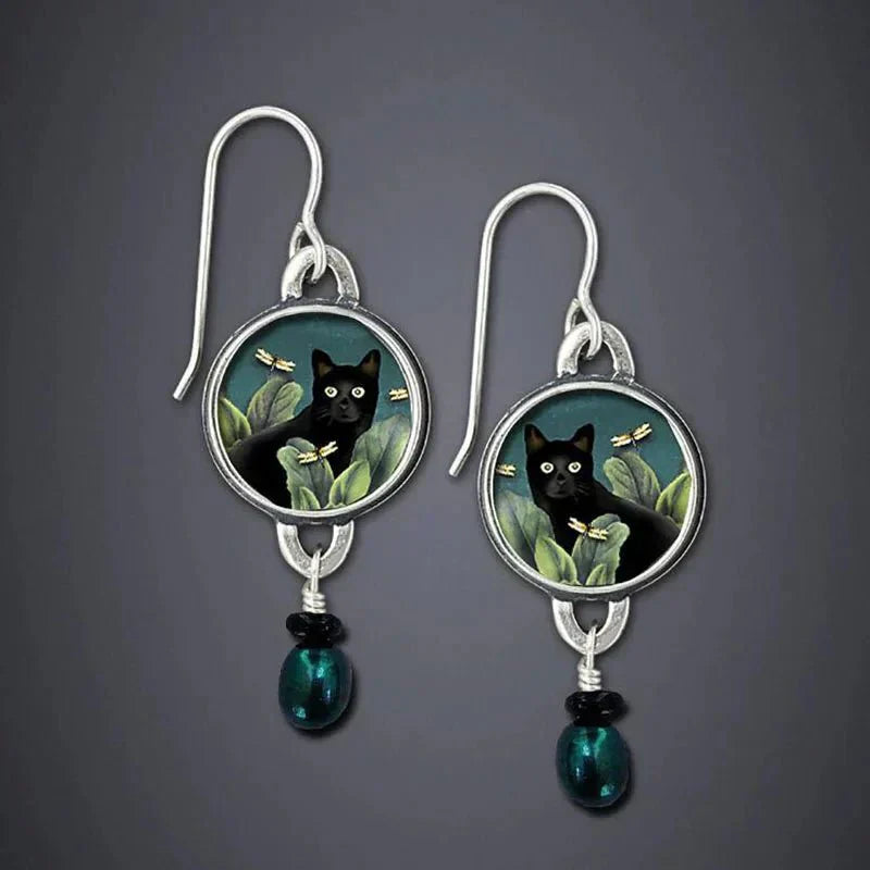 PENDIENTES VINTAGE CON GATOS NEGROS TROPICALES